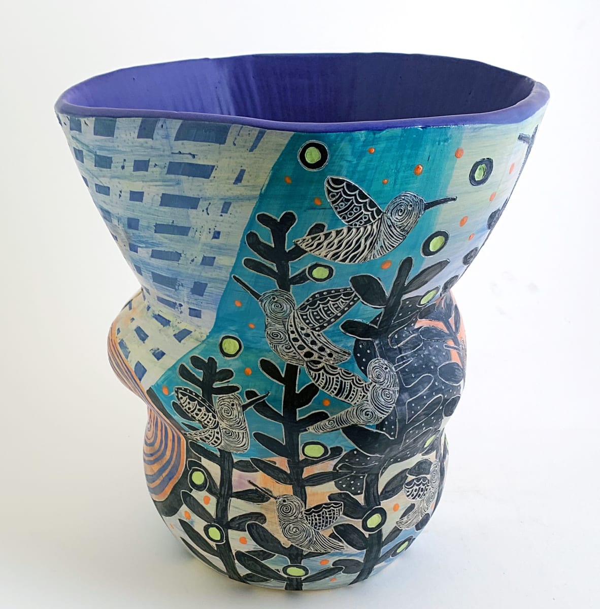 Garden Vessel - Showcase Piece  Image: Large stoneware vessel is a statement piece, all hand-made and one-of-a-kind. It features hand-etched decoration, color and pattern. Ready to display and also is a functioning vase.