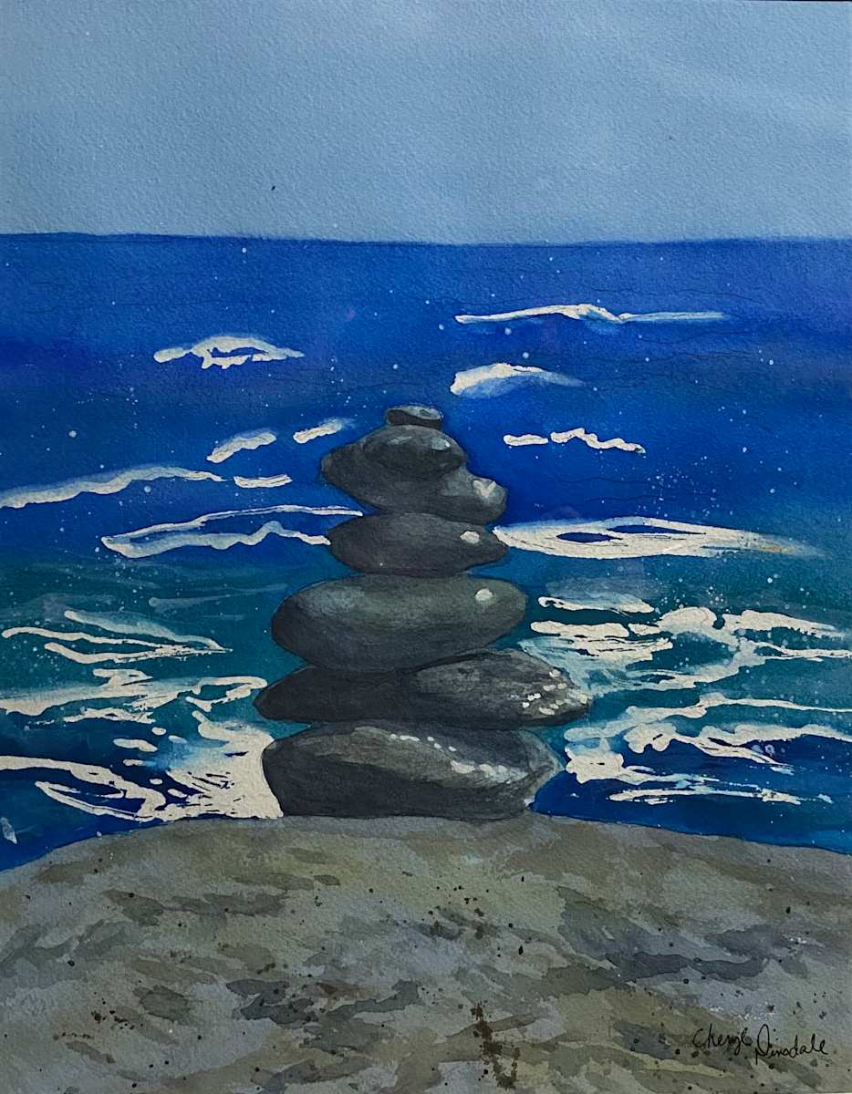 Zen Rocks at Pt. Judith by Cheryl Dinsdale  Image: Original framed watercolor artwork by Cheryl Dinsdale