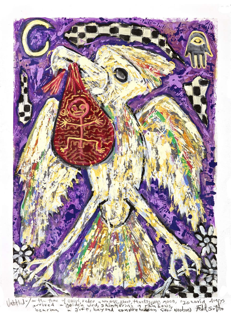 Untitled w/ in the time of COViD, under a waning, giant, thanksgiving moon, arrived a golden bird, shimmering in rainbows... (for Woodson) by Feldsott 