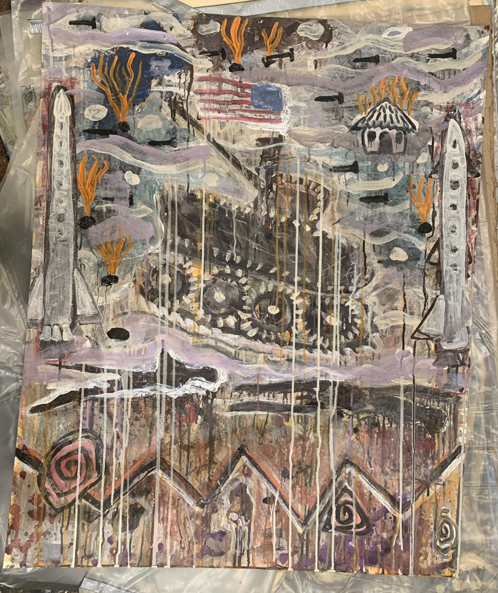 Untitled Painting w/ Tank + U.S. Path of Destruction by Feldsott 