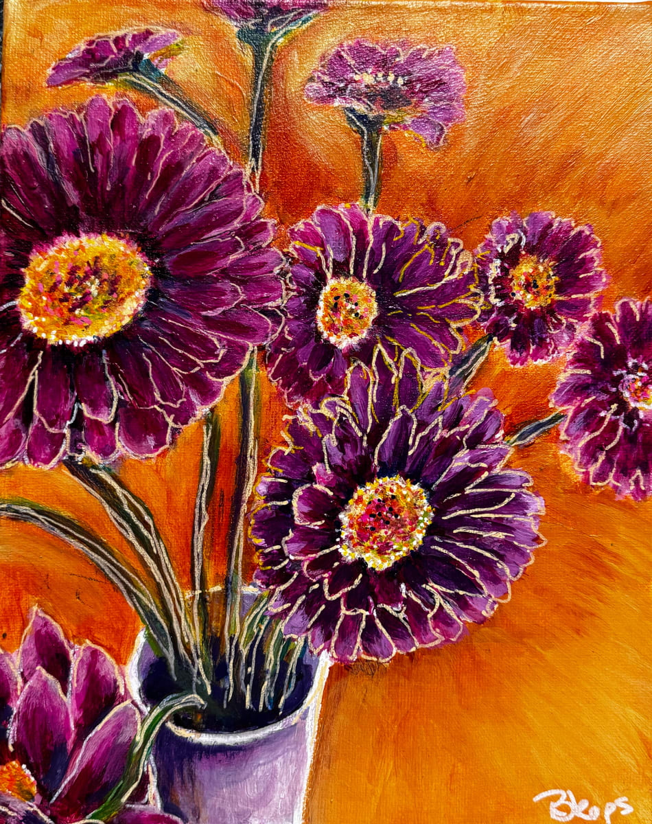 Sunny Gerberas by Barbara Kops  Image: A fun filled gerbera painting, created by Barbara Kops from a real life study. Available now.