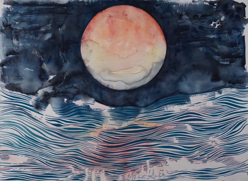 Moon and Crashing Waves by Brian Frink  Image: This one is framed with a white stained wood frame.  If you are interested in this one I'd be happy to send a photo of it framed. 
