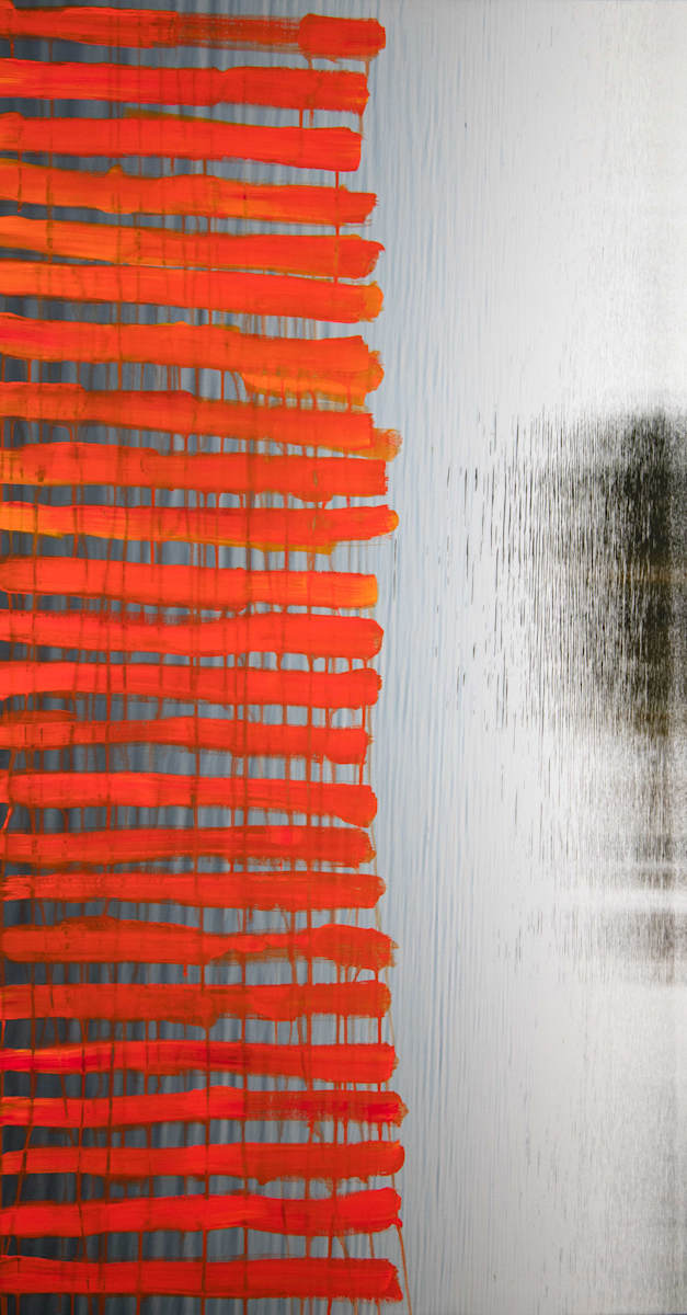 Island Passage by Brian Frink  Image: This is what I call a hybrid. It is acrylic paint on a digital photo on canvas.  This is a photo of water, and an island reflection turned sideways.  The orange marks are painted.  
