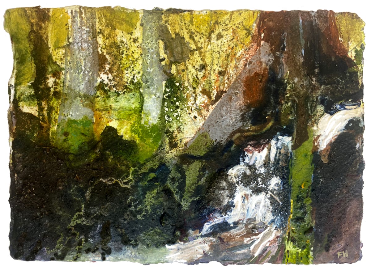 5. NORTHERN GARDENS STREAM. Brantwood, East of Lake. Coniston Water, Cumbria. by Frances Hatch  Image: dipper-black 
boulder
felted dark earth 
russet-maroon

sketchbook notes