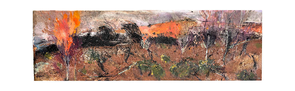 Birch Calls to Dunkery Beacon by Frances Hatch  Image: Work made in January 2025 during low lit days of heavy rain and chill. The lanes approaching Dunkery Beacon were awash with devon-red streams. I set an intention to work with and on high Exmoor land.
At Webbers Post, snow was melting over Ley Hill over Horner Wood in front of me- and to my left,  birch flaming wet in front of the beacon. Those two noticings became two paintings. And so began 3 days based around the carpark at Webbers Post working under the tailgate of my van when the squalls swept through. 
 
A rich palette of the place offered itself for use. A circle of burnt gorse provided the rich blacks and became the place I chose to work in and from. I foraged to establish what else was available as my material palette… small exposures of pale warm clays.  The racket of the trees during squalls informed the brush marks. The fierce luminosity of birch…lichen and moisture insinuates itself everywhere. 
I made ‘potions’ with earths, clay and charcoals integrated with acrylic and watercolour paint. 
 
 
I invite the land into conversation wherever I am. This is a natural extension of my long-held plein-air, site responsive practice. I’ve developed a simple ritual to indicate a shift from ‘common hour’ containment to porous availability by ‘drawing my curtains back’. I make a gesture – one that opens from the heart outwards…as an indication to myself and the land that I am present. 
 