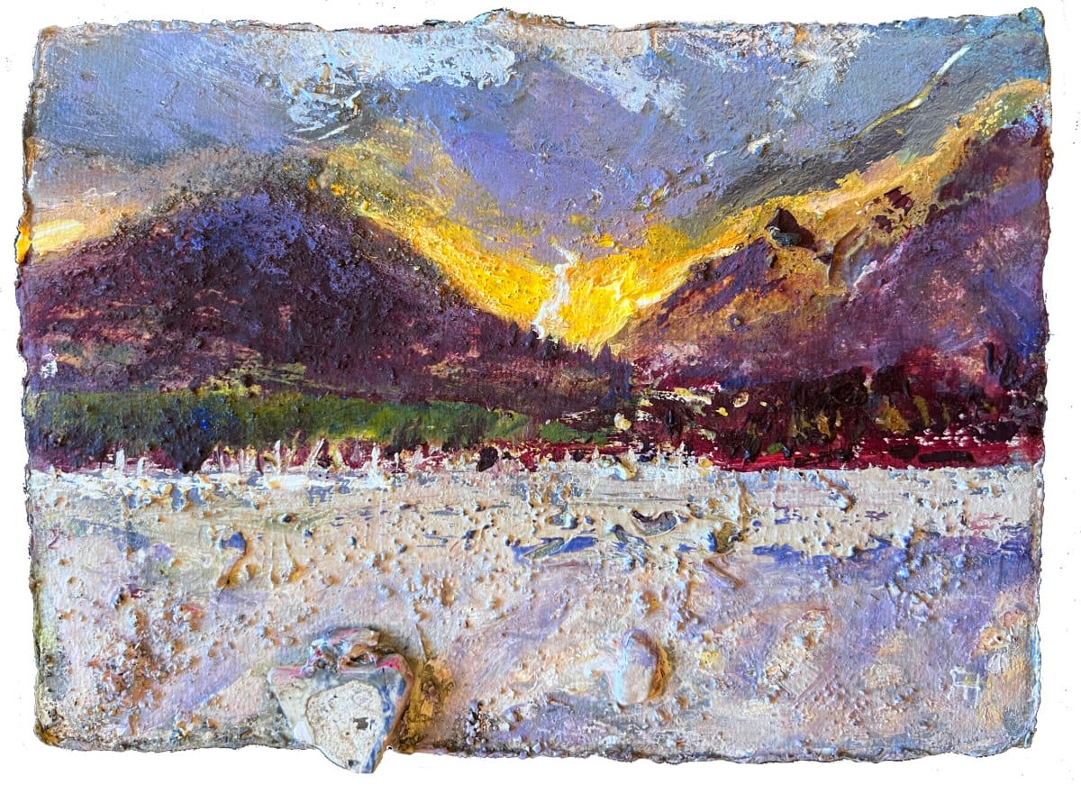 Over to Coniston and to Coppermines Valley (momentary sunlight) by Frances Hatch  Image: Mouldry Bank rises on the left behind Coniston and Coppermines Valley is sunlit behind. A water worn fragment of ceramic suggested itself as I was working on the shore by Brantwood Jetty. I included it. 
