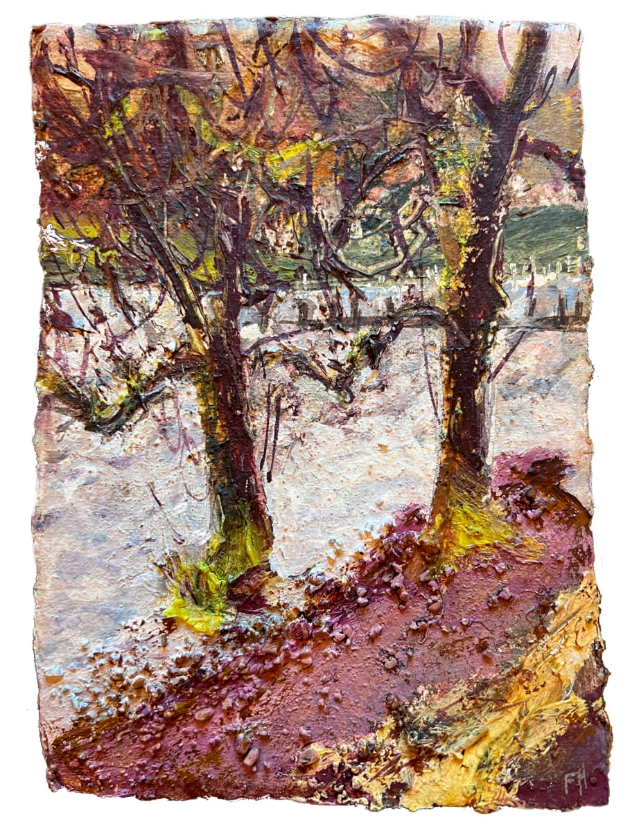 Two Ash Trees by Brantwood Jetty. March 2024 by Frances Hatch  Image: These two trees seem to mirror each other and operate as a single organism ... they made aa single elegant shape in relation to the prevailing wind and water. 