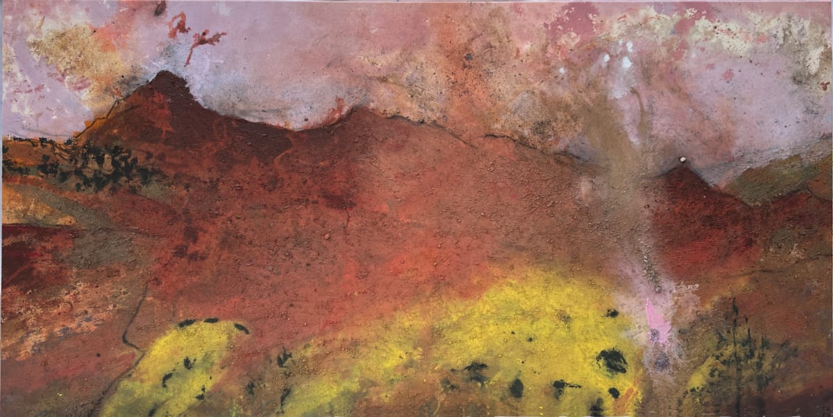 QUARRIED AIR. Coppermines Valley, Coniston, Cumbria by Frances Hatch  Image: A storm passes over the September mountain. The canvas is unstretched while I work so the paint gathers in the unevenness of the terrain. I establish the topography before the weather softens the definition. Before this painting was made, I walked up to the rise on the left known locally as Bell over to the little hillock on the right (that doesn't have a name I know of) collecting a few samples of earth as I moved. It has a holly tree (a few actually) emerging out of the shelter of piled rocks on its peak. A small rock from the site sits on its summit in the painting as a salute to that community of sturdy holly. This is a site of disturbance, the fragrance of bracken and a disappeared mining community. Peppered with miineshafts and spoil. The aura of copper/bracken/dirt infuses the air.

