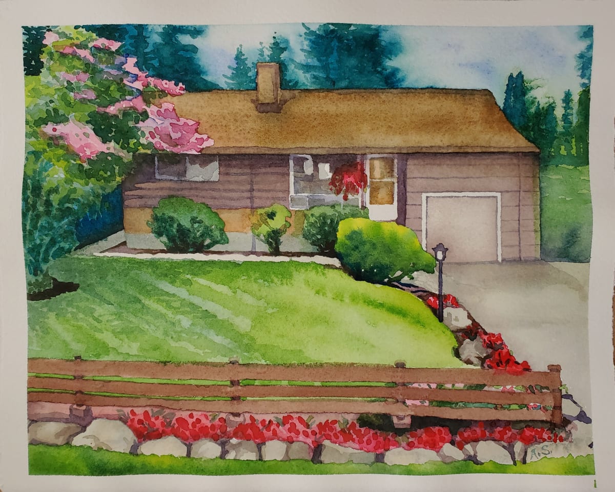 Cozy Home by Amanda Schwabe  Image: Watercolour painting of a brown home, green front lawn mowed in diagonal lines, and gardens of blooming red flowers and green shrubs with a brown fence and rock edges. There's a large hanging basket of fuschia flowers beside the front door.