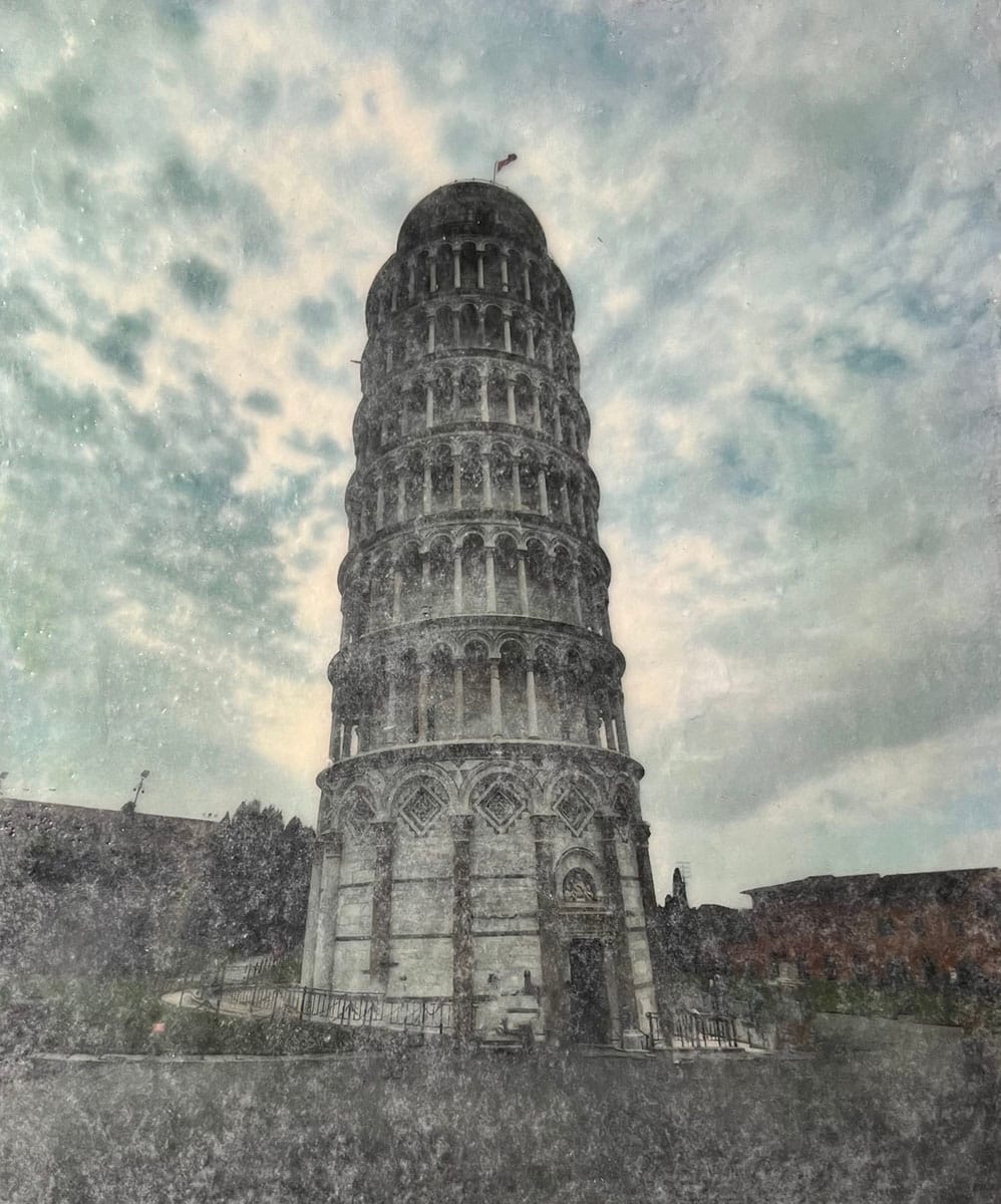 Storm Over Pisa by Kathie Collinson  Image: Beautiful clouds over the Leaning Tower of Pisa. The viewpoint is that the tower is leaning away from the viewer.