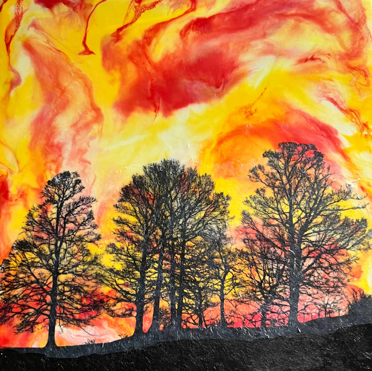 Small Works 6x6in - Flaming Sunset by Kathie Collinson  Image: The addition of the photo transfer and the black ink creates a new piece from an abstract.