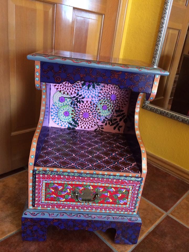 Geometric and floral red and plum vintage side table by Heather Medrano 