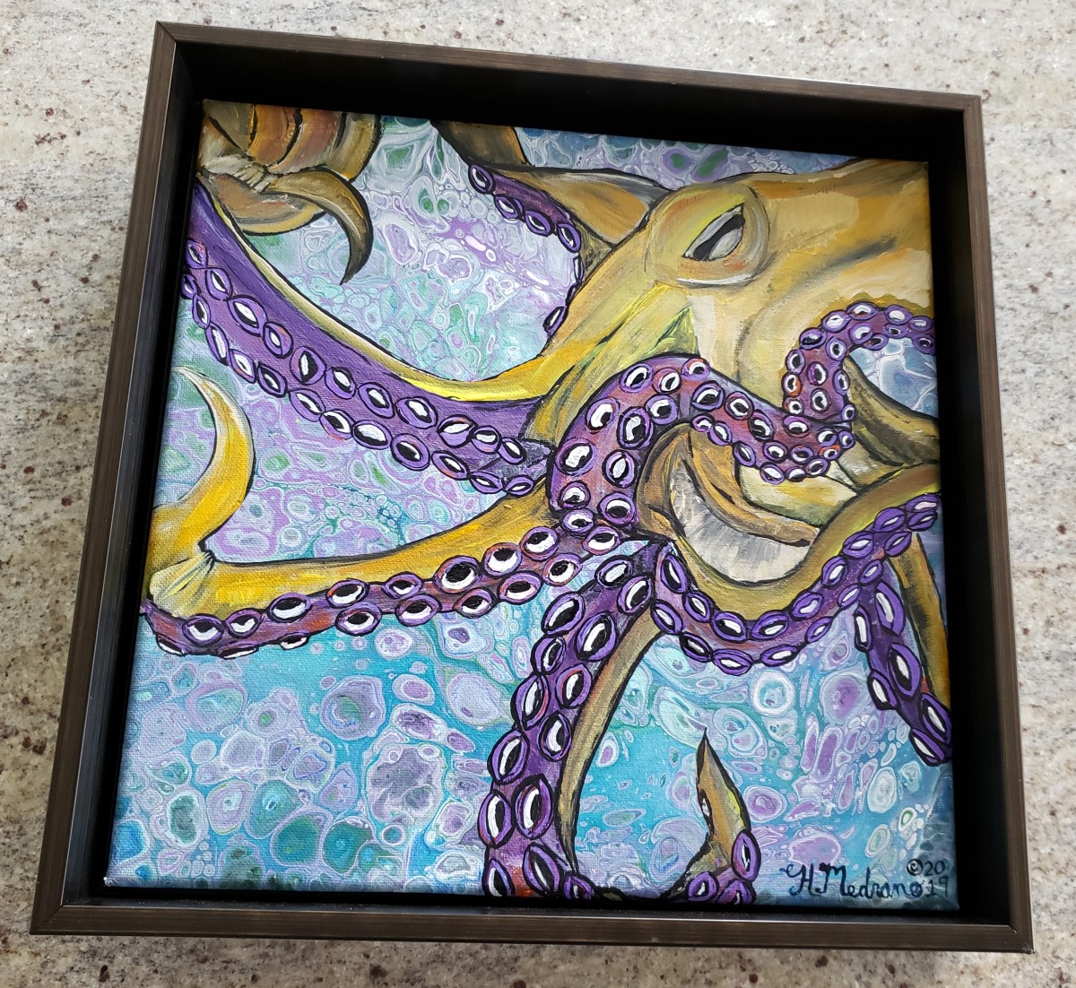 Yellow/Purple Octopus with copper colored frame by Heather Medrano 