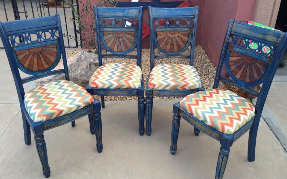 Caribbean blue refinished Sunset dining chairs by Heather Medrano 