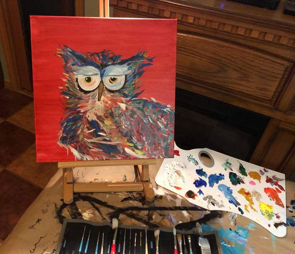 Bright owl w/ red canvas background by Heather Medrano 