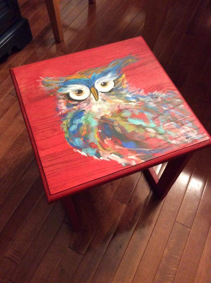 Red stained bright owl small table by Heather Medrano 