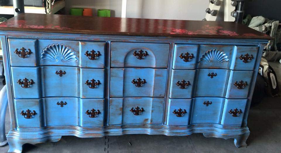 Vintage Blue Stained Pink Poppy Dresser by Heather Medrano 
