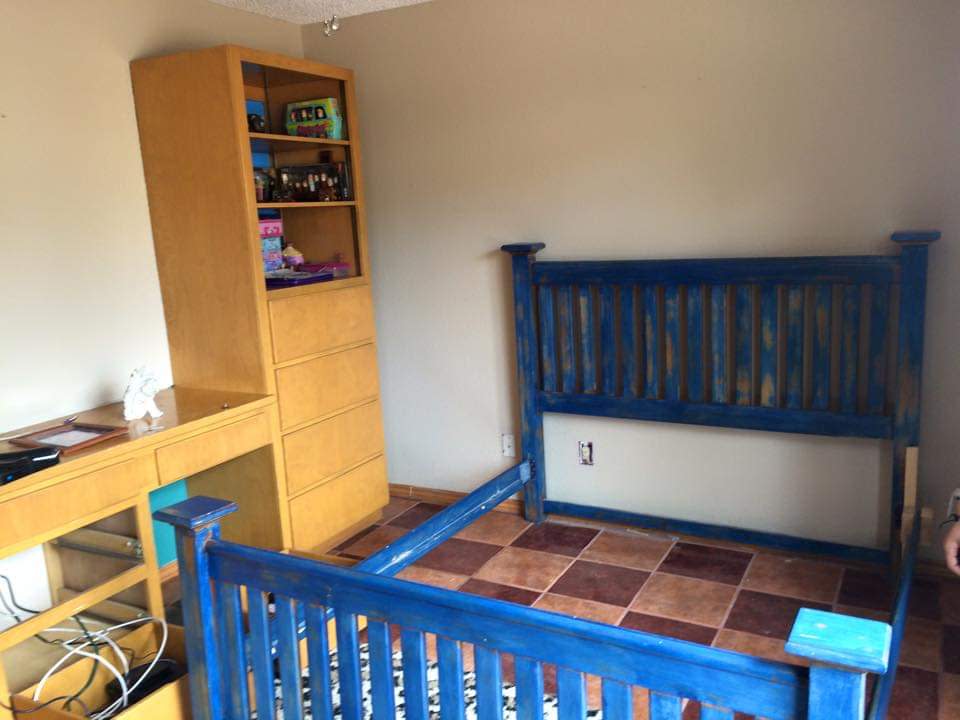 Rustic Caribbean Blue Stained Handmade Bed. Queen by Heather Medrano 