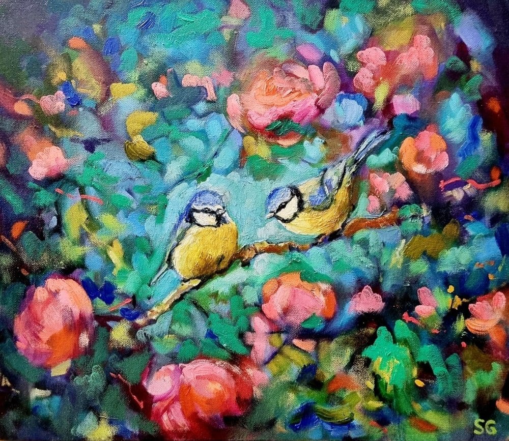 Bluebirds and Roses by Sue Gardner  