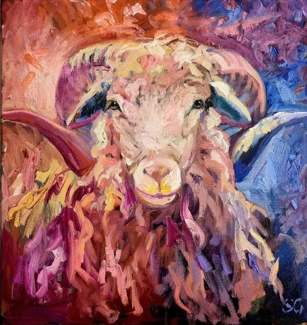 Bamburgh -  Colourful Ram Sheep by Sue Gardner 