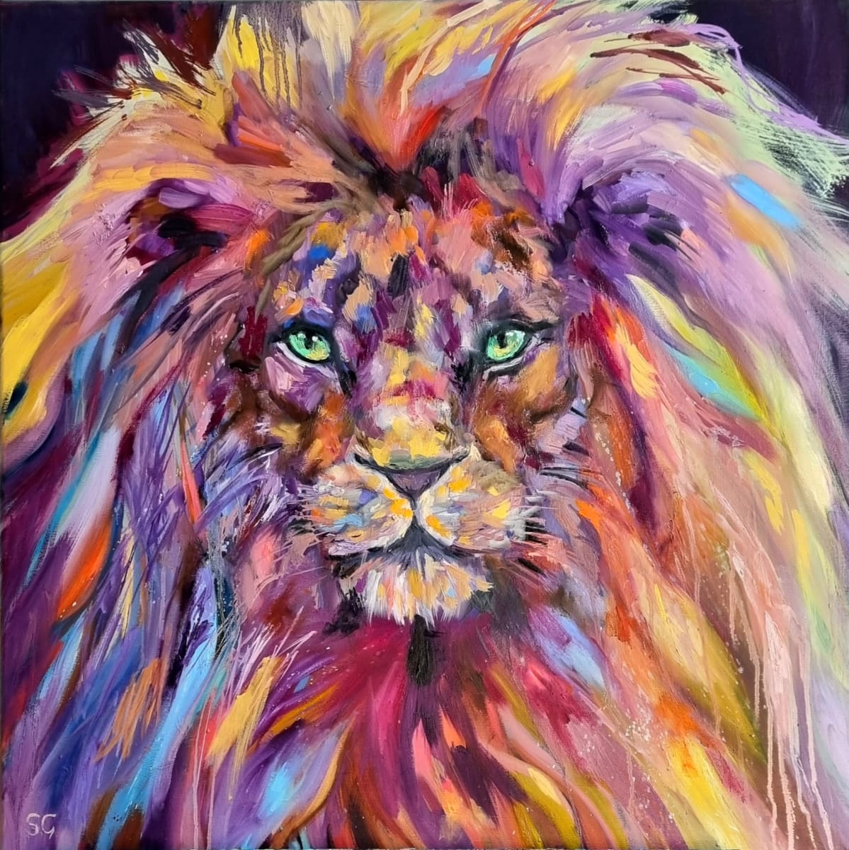 Zaire - Original Lion Oil Painting 76 x 76 cm by Sue Gardner  