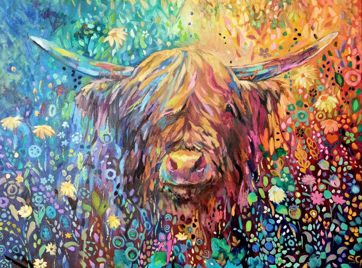 Glenclova - Original Wildflower Highland Cow Painting by Sue Gardner  