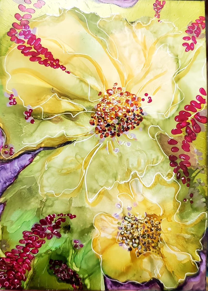 Yellow Flower Bloom by Lucy Giboyeaux  Image: Beautiful Yellow Flowers in bloom. Inks on Birchwood.