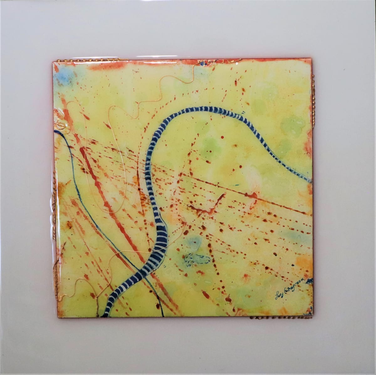 Achiote  Toss by Lucy Giboyeaux   Image: Includes home made Oil paint made from  Annatto, an orange-red condiment and food coloring derived from the seeds of the achiote tree (Bixa orellana), native to tropical America.
painting is mounted on wood board with white background and preserved with resin.