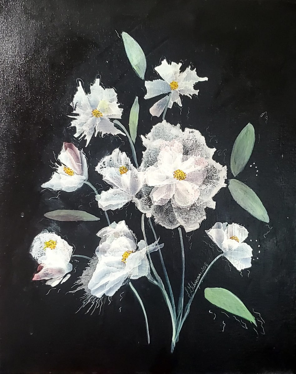 White Flowers in Dark by Lucy Giboyeaux   Image: White Iridescent Flowers on black background.