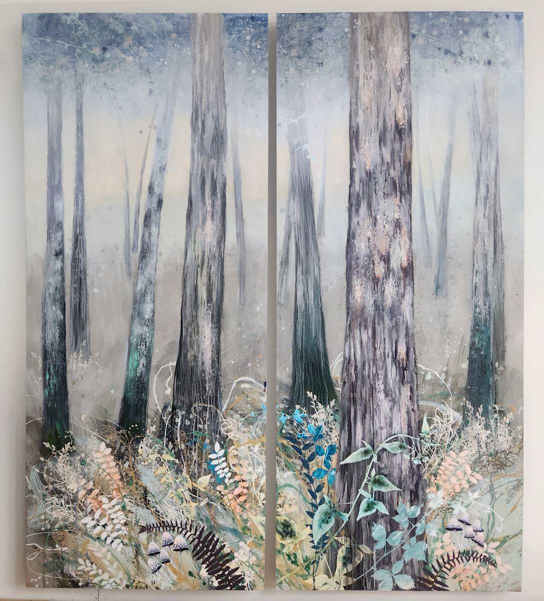 Deep in the Forest by Cara Enteles  Image: Diptych shown with space (can be mounted on 2 sides of a doorway etc.)