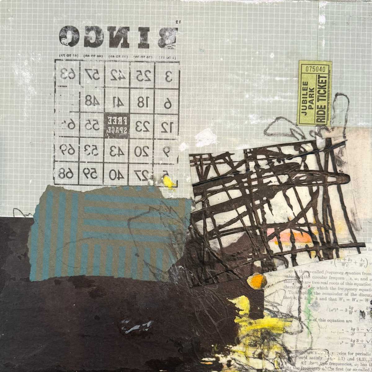 Bingo, collage on eco-board by Cory Goulet Artist 