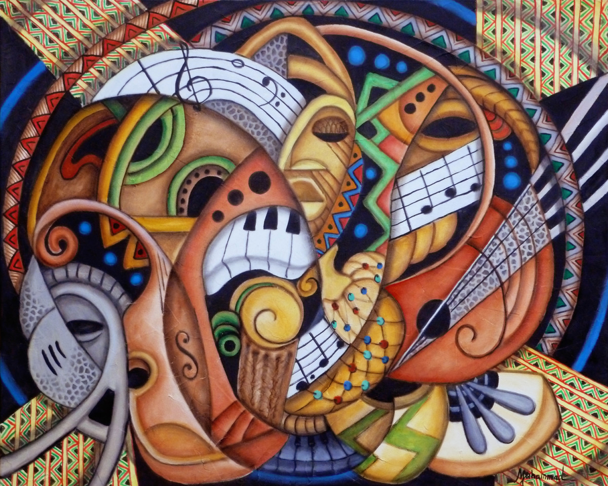 Ancestral Ties by Marcella Hayes Muhammad  Image: This abstract painting, created by Marcella Hayes Muhammad, captures the vibrant essence of Juneteenth, celebrating the richness of African American culture. The artwork features an array of musical instruments, symbolizing the profound legacy of music and creative arts within the community. Rendered in the distinctive style of Plasticism, the piece invites viewers to experience the dynamic energy and cultural significance of this important event, making it a striking addition to any art collection.