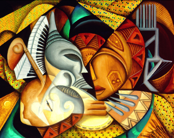 ASHE by Marcella Hayes Muhammad  Image: This original painting by Marcella Hayes Muhammad is a vibrant and complex piece composed of geometric and abstract elements. It features stylized figures reminiscent of traditional African masks, with bold shapes and richly textured surfaces that suggest a musical theme. The left side of the piece showcases a sculptural figure next to a stringed instrument, integrated into a multifaceted arrangement of abstract shapes, including piano keys that seem to merge with the figure’s facial structure.

Another key aspect is the juxtaposition of warm and cool colors, which creates a striking visual balance. Warm yellows, golds, and reds blend with cooler silvers, grays, and blues, suggesting a dynamic but harmonious interplay. The background is made up of patterns, which could be influenced by African textiles, adding to the cultural depth and decorative quality of the piece.

The right side displays another sculptural figure, juxtaposed with a percussive instrument, interlocked with similar abstraction. The meticulously detailed patterns, both geometric and organic, enhance the visual rhythm and suggest a deep connection to cultural roots.

Overall, the painting celebrates cultural identity, music, and art through a synthesis of figurative and abstract elements, delivering a powerful aesthetic experience rooted in African artistic traditions.