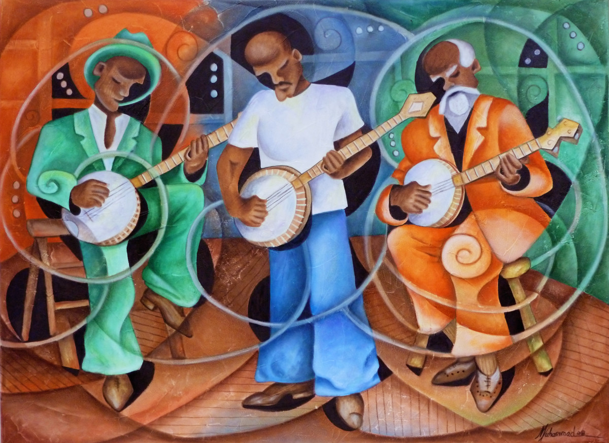 Banjo Legacy by Marcella Hayes Muhammad  Image: Three generations of banjo  players are performing on stage with the musical vibrations swirling around in sync. Available exclusively through Black Art In America/SHOP BAIA
ONLINE/BUY BLACK ART dealer