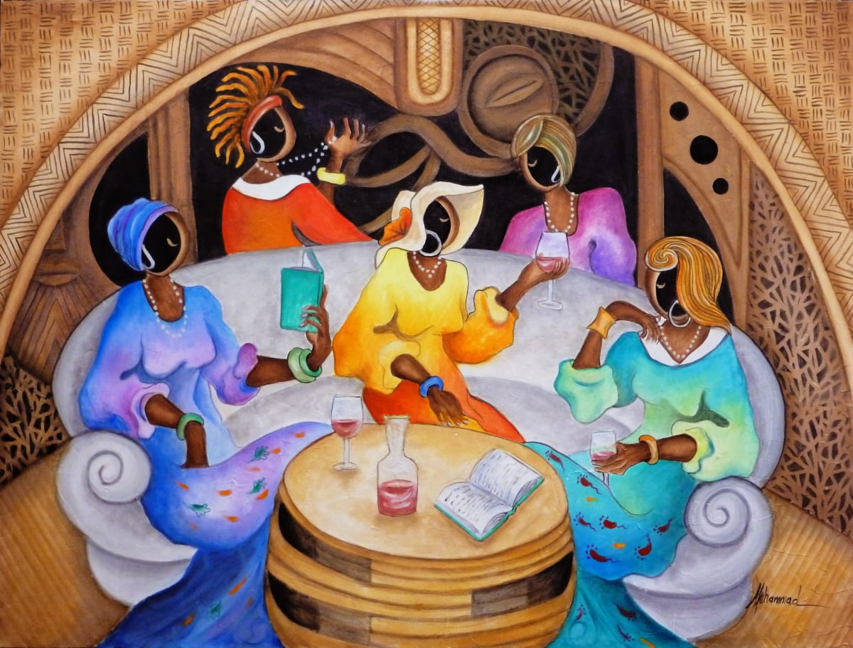 Book Club by Marcella Hayes Muhammad  Image: Celebrate the joy of friendship and literature with this stunning figurative abstract painting by Marcella Hayes Muhammad. Titled "The Book Club," this artwork beautifully depicts four women gathered around a table, immersed in lively discussion over their favorite reads, complemented by a glass of wine. The vibrant colors of their dresses and the culturally rich environment create an inviting atmosphere that resonates with book lovers everywhere. Perfect for adding a touch of elegance and warmth to your home, this licensed piece from 2023 to 2025 is a tribute to the camaraderie and shared experiences of book club ladies, making it an ideal gift for any literary enthusiast.