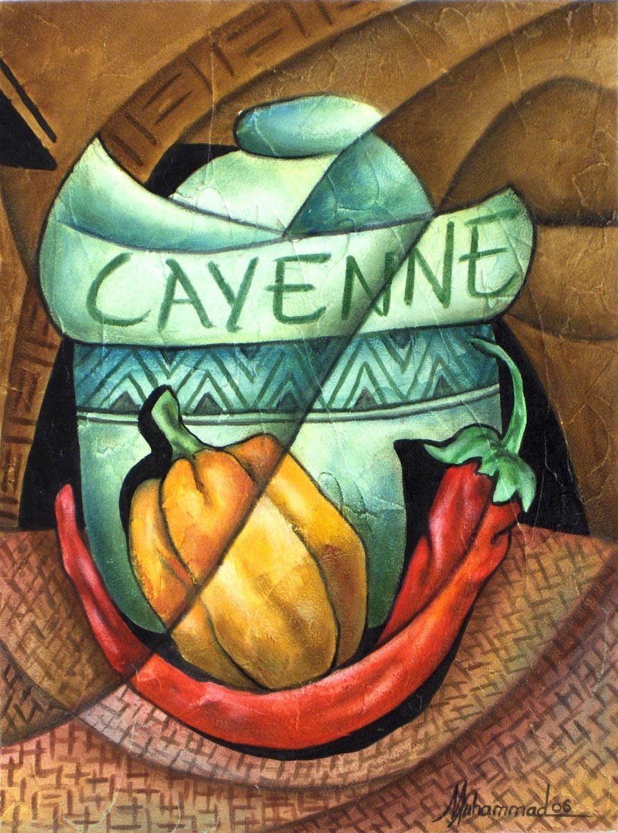 Cayenne Spice by Marcella Hayes Muhammad  Image: This captivating oil on canvas painting showcases anise in a still-life composition that reflects the vibrant essence of tropical culture. Created by Marcella Hayes Muhammad, this piece is part of the Tropical Buffet series, which highlights the often-overlooked spices integral to island cuisine.
The artwork employs a figurative abstract Plasticism style, skillfully blending traditional elements with modern techniques. Each detail is meticulously crafted, revealing mask parts that pay homage to ancestral creativity, making this piece not only visually striking but also rich in cultural significance.