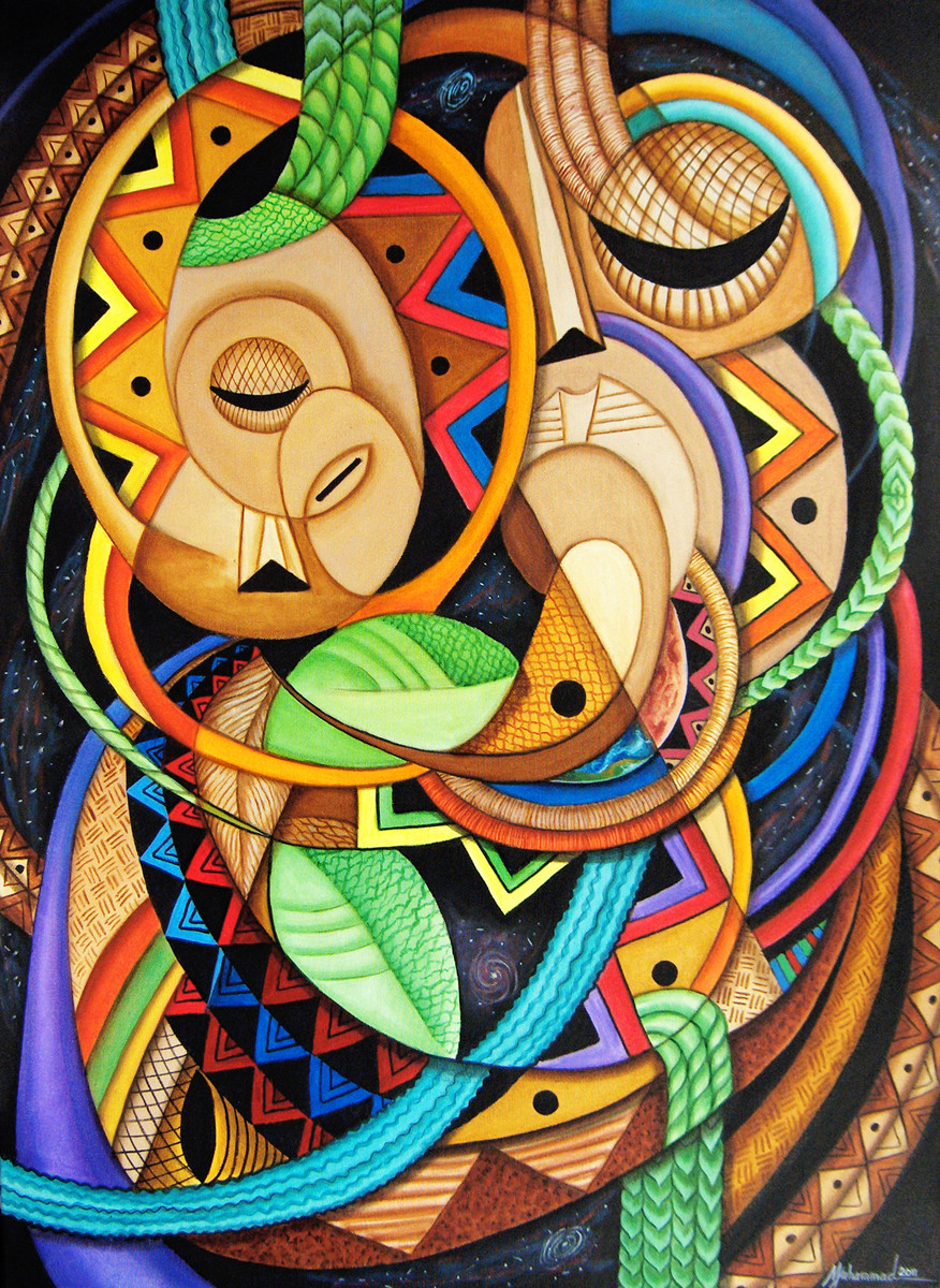 Celebration of Renewal by Marcella Hayes Muhammad  Image: This vibrant abstract painting by Marcella Hayes Muhammad captures the essence of environmental conservation through its colorful design. Executed in oil on canvas, the artwork symbolizes the urgent need for healthy, organically grown foods, reflecting the detrimental effects of pesticides and genetically modified organisms on both soil and human health.

The cultural elements, such as the masks and patterns embedded within the painting, serve as a tribute to our ancestors, who observe our efforts to purify water, cultivate pesticide-free crops, reforest our landscapes, and enhance air quality. This piece not only celebrates the beauty of nature but also emphasizes the interconnectedness of humanity and the universe in the pursuit of a sustainable future.