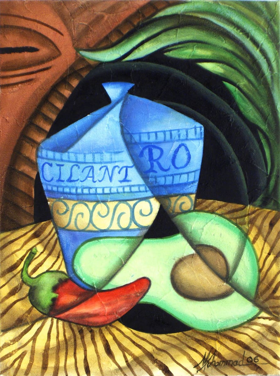 Cilantro Spice by Marcella Hayes Muhammad  Image: This captivating oil on canvas painting showcases anise in a still-life composition that reflects the vibrant essence of tropical culture. Created by Marcella Hayes Muhammad, this piece is part of the Tropical Buffet series, which highlights the often-overlooked spices integral to island cuisine.
The artwork employs a figurative abstract Plasticism style, skillfully blending traditional elements with modern techniques. Each detail is meticulously crafted, revealing mask parts that pay homage to ancestral creativity, making this piece not only visually striking but also rich in cultural significance.