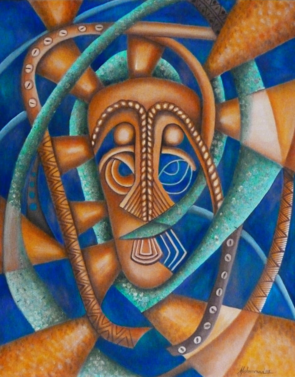 Maruvian Copper Mask II by Marcella Hayes Muhammad  Image: This striking artwork by Marcella Hayes Muhammad embodies the essence of Plasticism, drawing inspiration from an ancient Somali copper mask symbolizing royalty. The painting intricately captures the rich hues of copper and verdigris, creating a dynamic interplay of color and texture that reflects both historical significance and contemporary artistic expression.