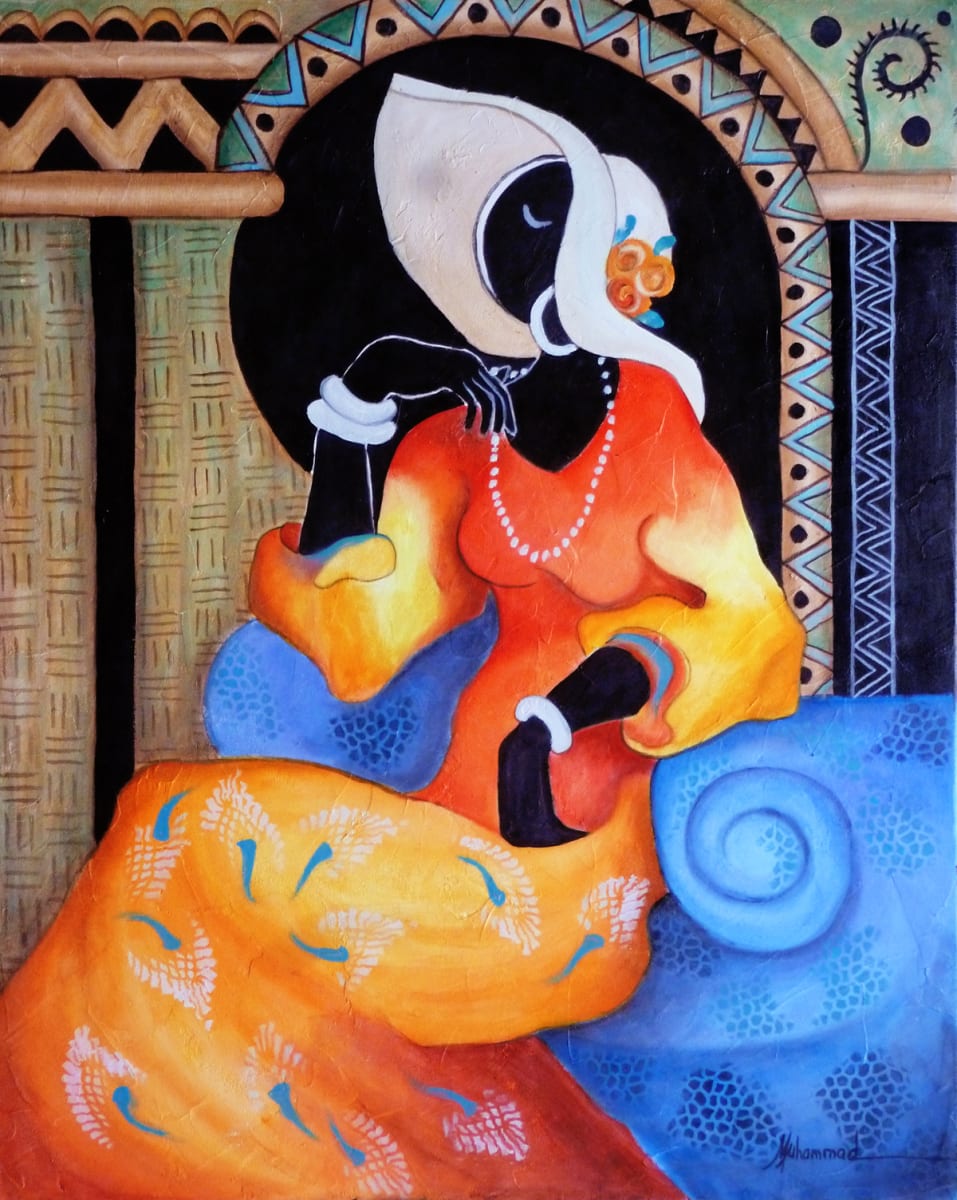 Elegant Lady 2 by Marcella Hayes Muhammad  Image: Experience the captivating essence of femininity with this stunning painting by Marcella Hayes Muhammad. Depicting a woman gracefully seated on a couch, this artwork is a vibrant exploration of the abstracted female form set against a rich cultural backdrop. The harmonious blend of cool and warm colors evokes the spirited energy of vintage 70's freestyle, while simultaneously celebrating the elegance and strength of Black women. This contemporary piece not only enhances your living space but also serves as a powerful statement of comfort and cultural pride. Elevate your home decor with this exquisite representation of beauty and resilience.