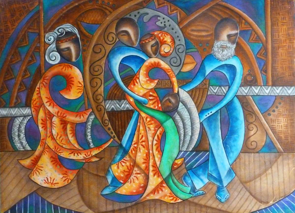 Family Sankofa by Marcella Hayes Muhammad  Image: This vibrant painting by Marcella Hayes Muhammad showcases a young family of three embraced by their elders, embodying the spirit of unity and celebration within a family. Utilizing her signature style of Plastic space abstraction, the artwork emphasizes the interconnectedness of generations, illustrating how each member contributes wisdom and support for future growth. The rich cultural elements in the background pay homage to ancestral contributions, further enhancing the narrative of legacy and familial bonds.