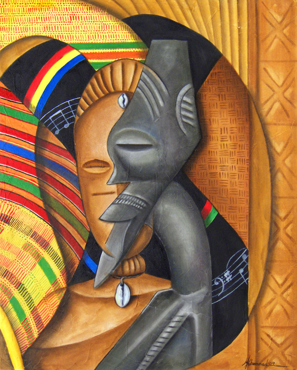 Fertility of Spirit 2 by Marcella Hayes Muhammad  Image: Capturing the spirit of the ancestors through carvings and cultural designs flow in this oil on canvas painting using my figurative abstraction, Plastic Space. It was created to be placed on the right side of the painting, "From Songhay to Symphony Hall" as part of a triptych.