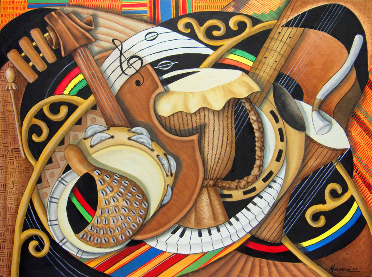 From Songhai to Symphony Hall by Marcella Hayes Muhammad  Image: Available exclusively through Black Art In America/SHOP BAIA ONLINE/BUY BLACK ART dealer.              
This Plastic Space abstraction was created for an art exhibition at the Hammonds House Museum in Atlanta, Georgia that reflects musical instruments from the Songhai people of Africa to modern instruments of today used in the symphony hall. The legacy of music and creative arts is rendered in this Plastic Space abstraction highlighting the importance of music to the relationship of other cultural arts like sculpture and textiles swirling together into a moving breathing entity. I first did a lot of research on ancient African musical instruments to gather images that work within my musical paintings. By sketching out the idea with graphite on paper, I work the design until it has balance and interest. Sometimes this process can take weeks or months until I feel ready to paint. Then I transfer it to canvas where I begin to add color with oils. This is the challenging part and often it takes a life of it's own and can go beyond the original sketch.  This process takes time and concentration to complete and can last weeks, months, or in some cases, years. The final product can be a rewarding surprise. 