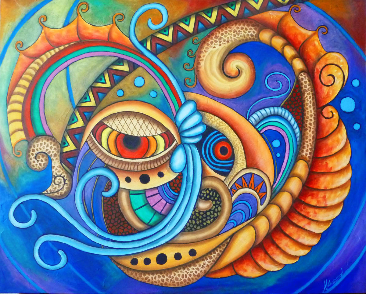 Maruvian Good Luck Dragon Mask by Marcella Hayes Muhammad  Image: Experience the vibrant energy of Marcella Hayes Muhammad's latest creation, an abstract oil painting that masterfully combines colorful swirls with the enchanting form of a good luck dragon mask. This unique piece, inspired by the artistic movement of Plasticism, invites viewers to explore its dynamic shapes and hues, making it a captivating addition to any art collection. Perfect for those who appreciate innovative artistry, this painting not only enhances your space but also brings a sense of positivity and good fortune.