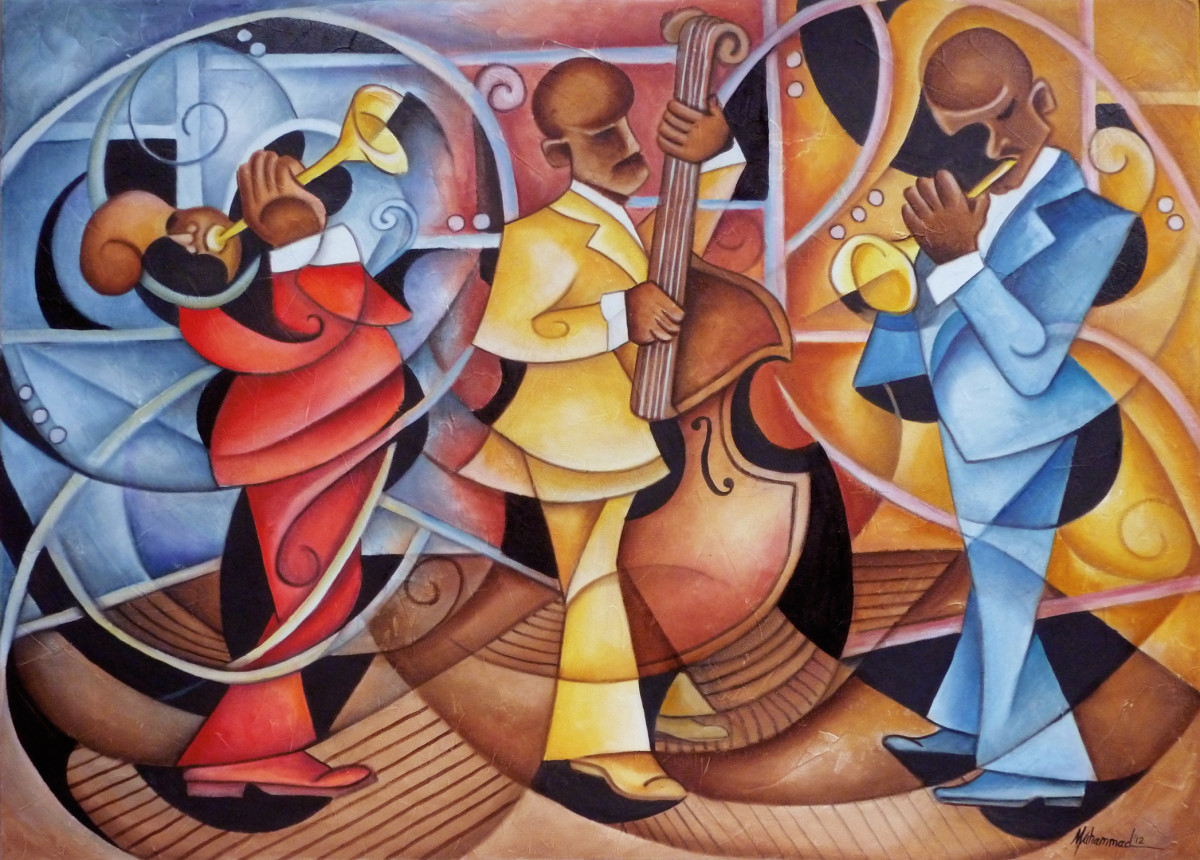 In Tune by Marcella Hayes Muhammad  Image: Horns and base perform on stage in harmony with the swirl of sound creating a lively pattern around the  musicians.