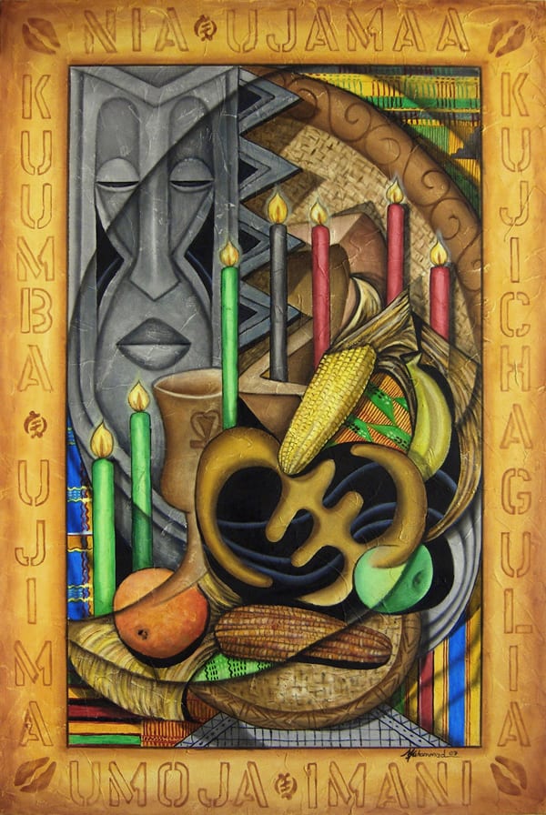 Kwanzaa Elements by Marcella Hayes Muhammad  Image: Kwanzaa is an African American and Pan-African holiday which celebrates family, community and culture. Kwanzaa is a CULTURAL holiday, not a religious one.
This painting is done in my signature style of "Plasticism".  The kinara setting is reversed as the mask, representing the ancestors, is looking on. 
    Kwanzaa was created in 1996 by Dr. Maulana Karenga, professor and chair of the Department of Black Studies at California State University, Long Beach. It is celebrated from December 26 through January 1.
    The origins of Kwanzaa are in the first harvest celebrations of Africa from which it takes its name. The name Kwanzaa is derived from the phrase "matunda ya kwanza" which means "first fruits" in Swahili.
    Kwanzaa celebrates and reinforces family and community values. It stresses self reliance and creativity. The elements of Kwanzaa celebration includes the following seven principals:
    Umoja (Unity); To strive for and maintain unity in the family, community, nation, and race.
    Kujichagulia (Self-Determination); To define ourselves, name ourselves, create for ourselves and speak for ourselves.
    Ujima (Collective Work and Responsibility); To build and mauintain our community together and make our brother's and    sister's problems our problems and solve them together.
    Ujamaa (Cooperative Economics); To build and maintain our own stores, shops and other businesses and to profit from them together.
    Nia (Purpose); To make our collective vocation the building and developing of our community in order to restore our people to their traditional greatness.
    Kuumba (Creativity); To do always as much as we can, in the way we can, in order to leave our community more beautiful and beneficial than we inherited it.
    Imani (Faith); To believe with all our heart in our people, our parents, our teachers, our leaders and righteousness and victory of our struggle.
