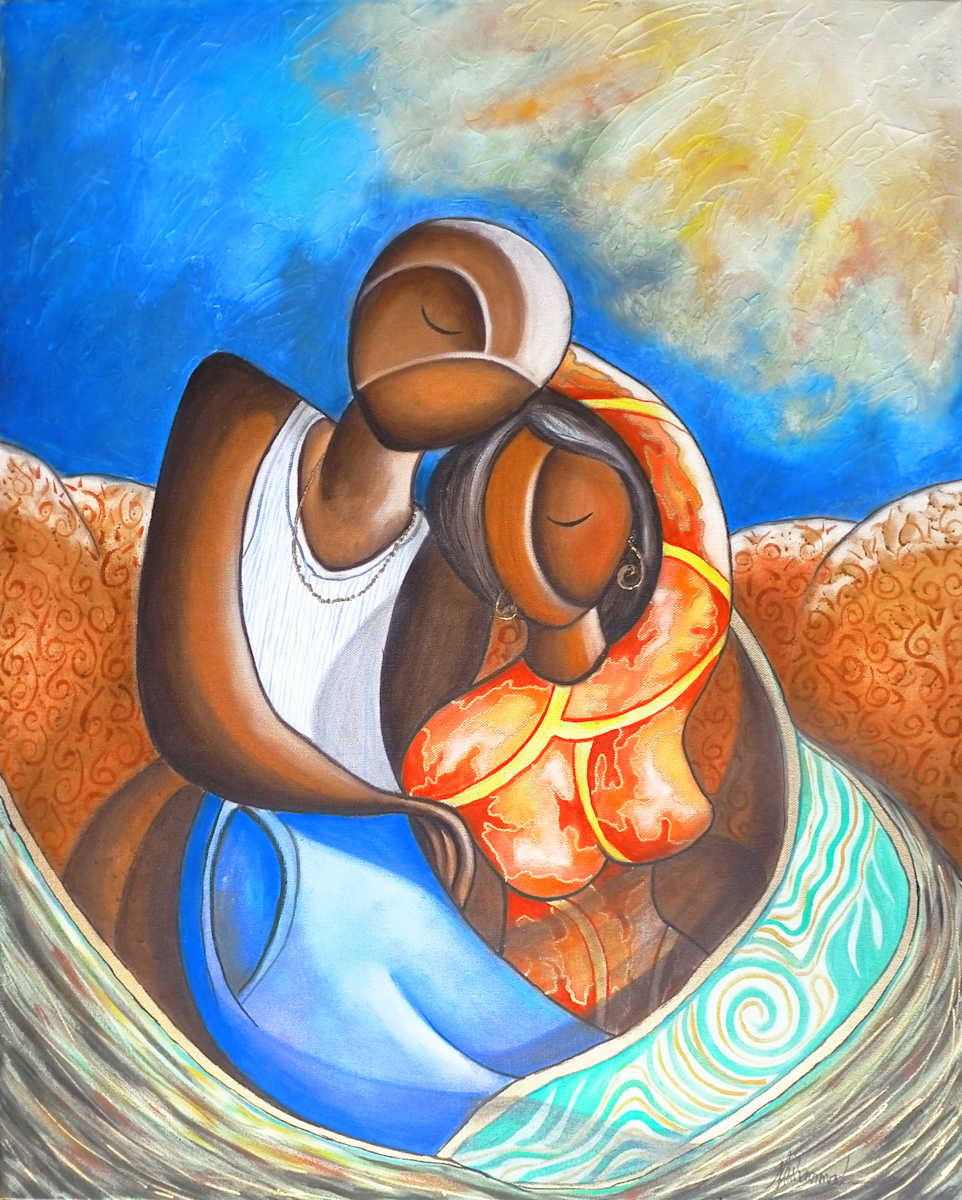 Love Is by Marcella Hayes Muhammad  Image: This exquisite oil on canvas painting by Marcella Hayes Muhammad captures the essence of love and connection through the portrayal of a man and woman embracing each other. The artwork reflects the universal need for trust and respect in relationships, showcasing a contemporary couple that embodies a relaxed and trusting love. Rendered in the unique style of abstract Plasticism, this piece invites viewers to appreciate the emotional depth and intimacy shared between the figures.