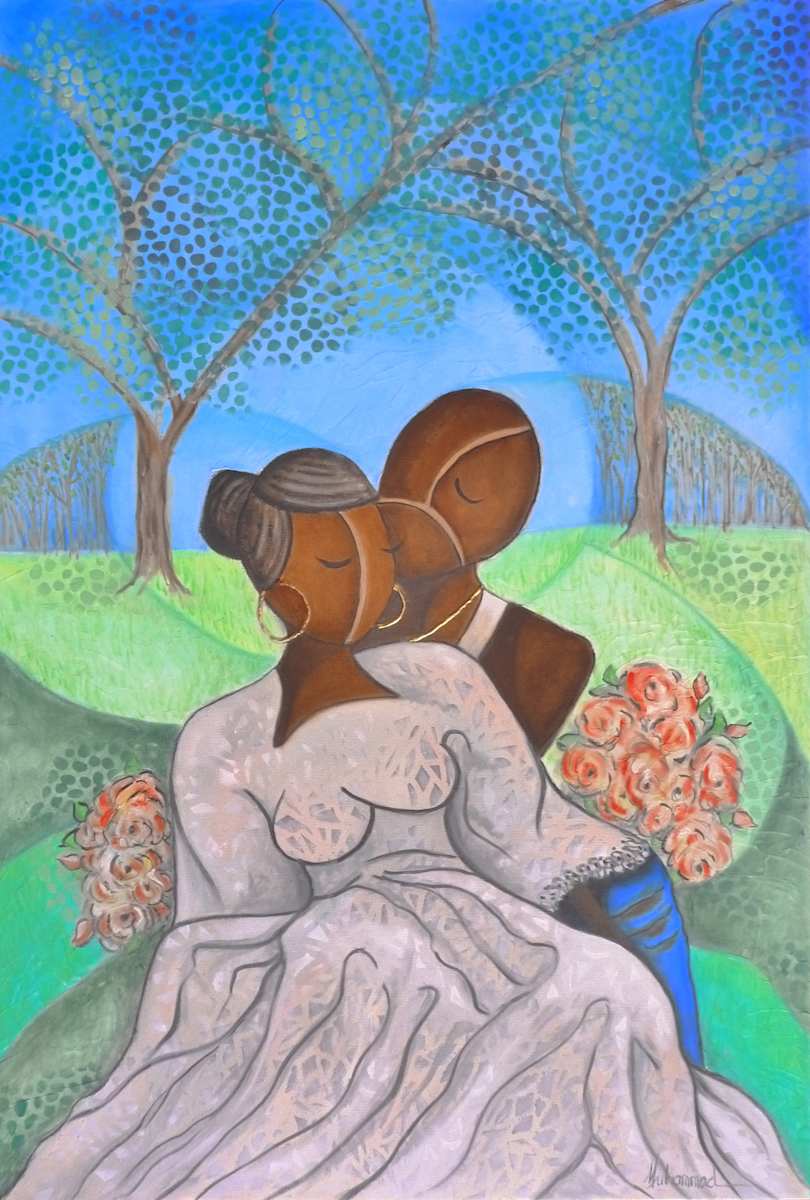 Love In The Park by Marcella Hayes Muhammad  Image: This exquisite oil on canvas by Marcella Hayes Muhammad beautifully depicts an African American couple enjoying a serene moment in a field on a warm spring day. The artwork, characterized by the artist's signature Plasticism style, blends abstraction with emotional depth, inviting viewers to connect with the couple's intimacy and the vibrant essence of nature surrounding them.