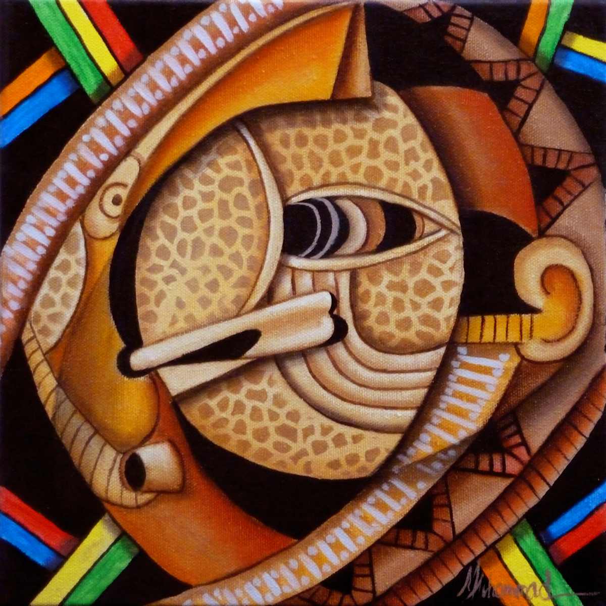 Maruvian Baga II Mask by Marcella Hayes Muhammad  Image: Discover the captivating allure of Marcella Hayes Muhammad's abstract painting, a striking oil on canvas piece that seamlessly blends modern artistry with cultural heritage. Part of her exclusive Mask collection, this artwork reinterprets the ancient African Akuaba Mask through her unique Plasticism style, featuring a bold face and a dynamic circle that draws the eye. The thoughtful integration of cultural elements not only enhances the visual impact but also invites viewers to explore the rich narrative behind the piece, making it a perfect addition to any art lover's collection.