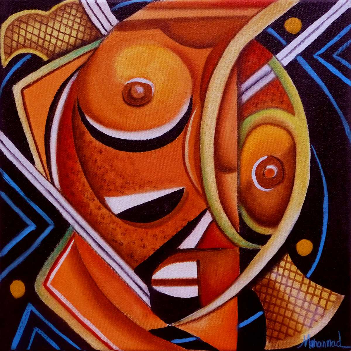 Maruvian Fang Mask by Marcella Hayes Muhammad  Image: Discover the captivating allure of Marcella Hayes Muhammad's abstract painting, a striking oil on canvas piece that seamlessly blends modern artistry with cultural heritage. Part of her exclusive Mask collection, this artwork reinterprets the ancient African Fang Mask through her unique Plasticism style, featuring a bold face and dynamic circles that draw the eye. The thoughtful integration of cultural elements not only enhances the visual impact but also invites viewers to explore the rich narrative behind the piece, making it a perfect addition to any art lover's collection.